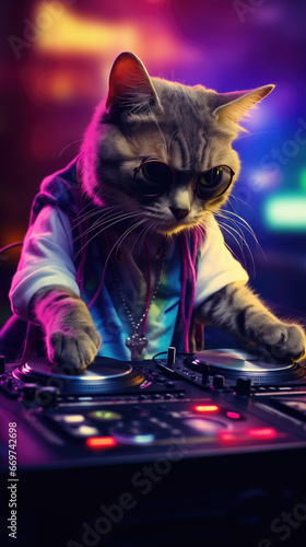 Cute cat dj spinning turntable for music lovers, The Wildest Night Club Scene photo