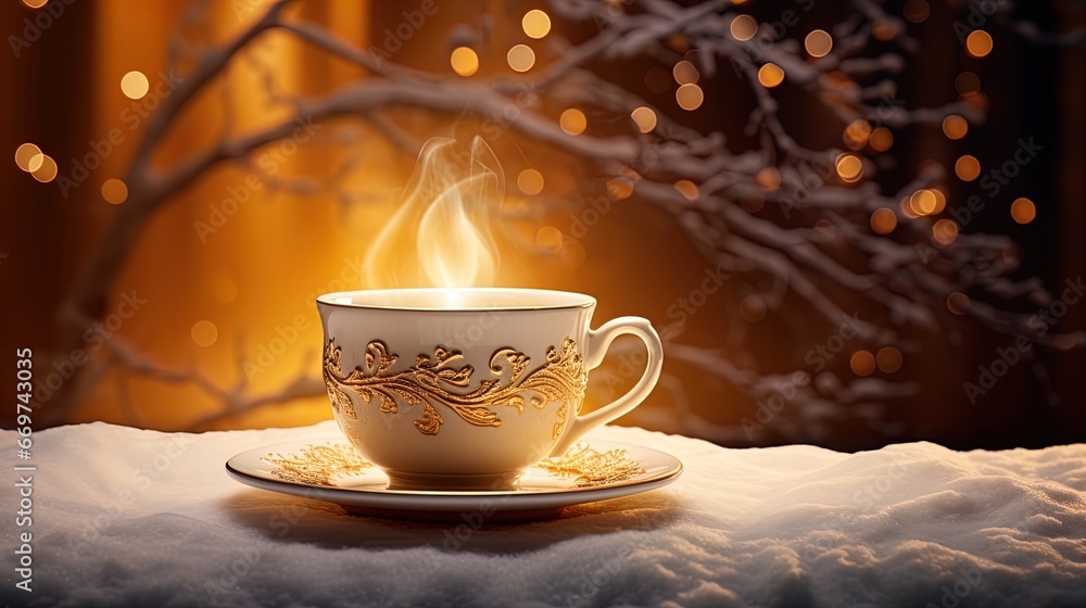 Obraz premium Embrace the enchantment of winter with a person holding a coffee cup. The warm ambiance, shaped canvas, and soft-focus create a delightful holiday scene.