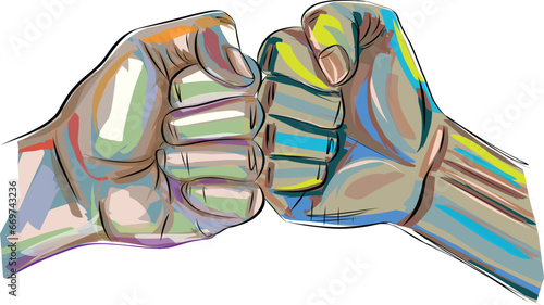 Fist bumping banner hand drawn with single line. Team work, partnership, friendship, friends, spirit hands gesture