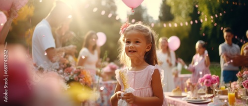 Cute little girl having birthday party with her family on summer day