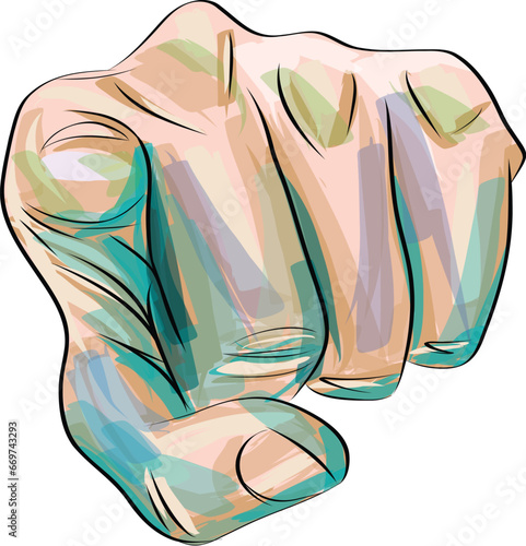 Finger point in front view. Hand drawn fist showing you