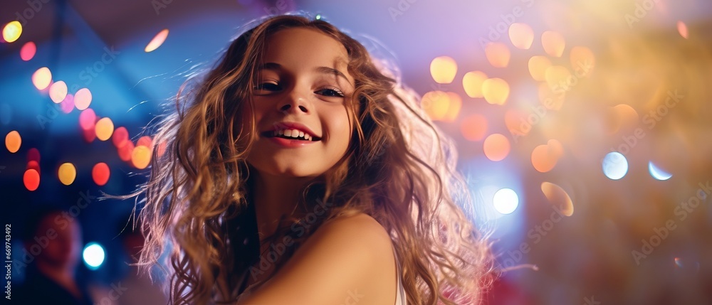Portrait of a beautiful young girl with long curly hair in a nightclub.