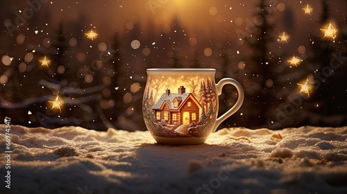 Embrace the enchantment of winter with a person holding a coffee cup. The warm ambiance, shaped canvas, and soft-focus create a delightful holiday scene.