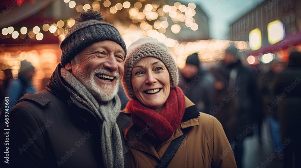 Join this heartwarming senior couple as they stand near the Christmas market. Experience the magic of photo-realistic landscapes in soft, romantic scenes, capturing the holiday spirit Join this heartwarming senior couple as they stand near the Christmas market. Experience the magic of photo-realistic landscapes in soft, romantic scenes, capturing the holiday spirit