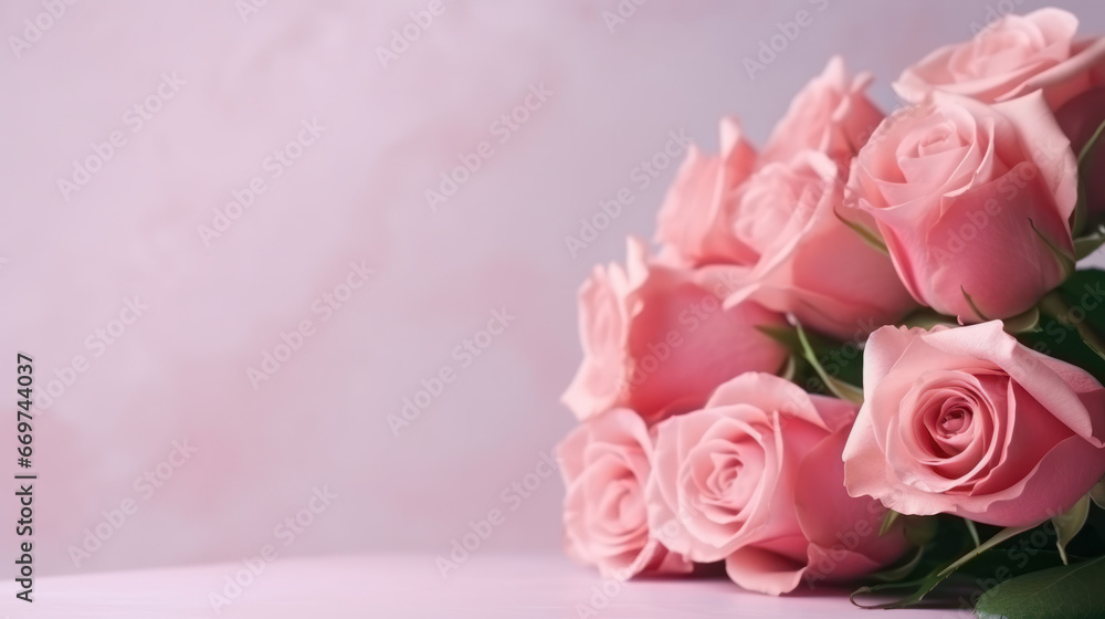 Romantic bouquet of pink roses on light background, Valentine Day, Anniversary, Wedding, Copy space for text. Generative AI
