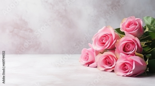 Romantic bouquet of pink roses on light gray background, Valentine Day, Anniversary, Wedding, Copy space for text. Generative AI © BussarinK