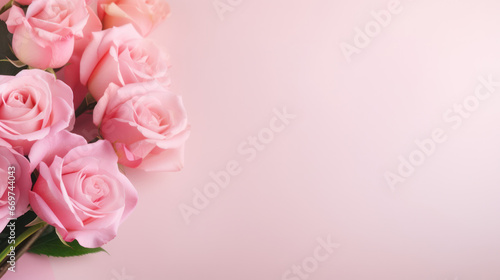 Romantic bouquet of pink roses on light pink background  Valentine Day  Anniversary  Wedding  Copy space for text. Generative AI