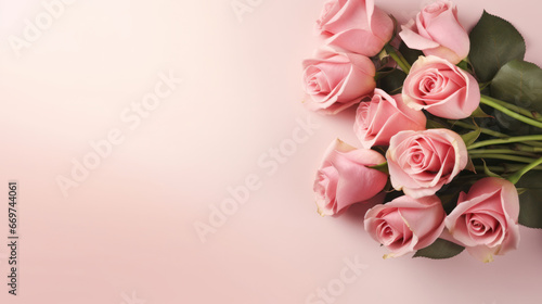 Romantic bouquet of pink roses on light pink background, Valentine Day, Anniversary, Wedding, Copy space for text. Generative AI