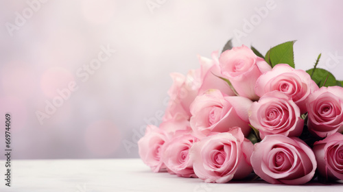 Romantic bouquet of pink roses on light background  Valentine Day  Anniversary  Wedding  Copy space for text. Generative AI