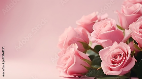 Romantic bouquet of pink roses on light background, Valentine Day, Anniversary, Wedding, Copy space for text. Generative AI