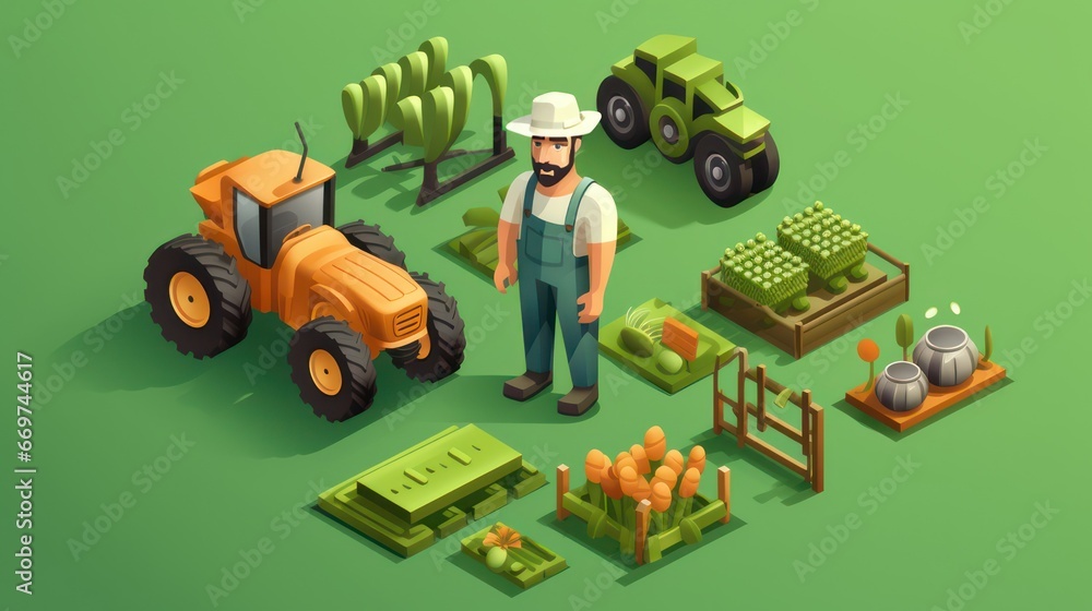3D isometric design with farmer and tractor models in the field 3D isometric design with farmer and tractor models in the field