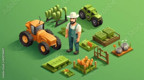 3D isometric design with farmer and tractor models in the field