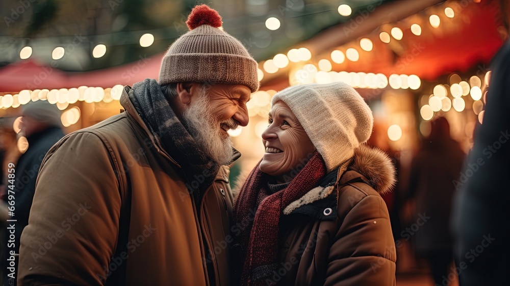Join this heartwarming senior couple as they stand near the Christmas market. Experience the magic of photo-realistic landscapes in soft, romantic scenes, capturing the holiday spirit Join this heartwarming senior couple as they stand near the Christmas market. Experience the magic of photo-realistic landscapes in soft, romantic scenes, capturing the holiday spirit