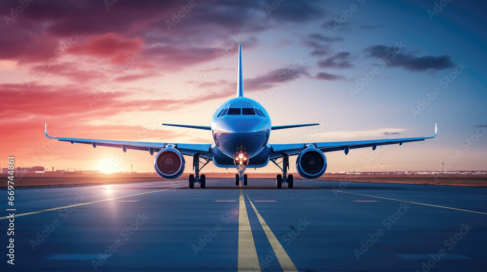 Naklejka premium A large jetliner taking off from an airport runway at sunset or dawn with the landing gear down and the landing gear down, as the plane is about to take off. generative ai
