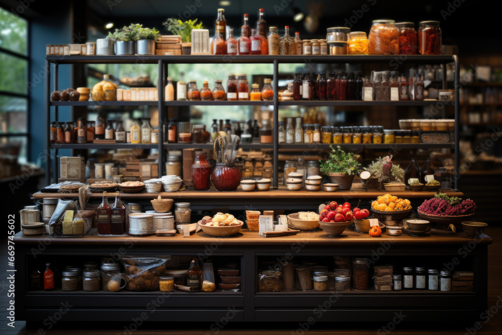 A retail store with shelves filled with various products, exemplifying small business success and consumer choices. Generative Ai.