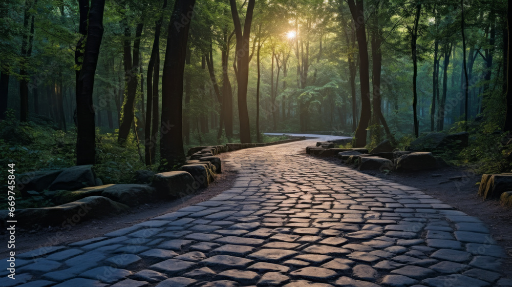 A winding, cobblestone path winds its way through a thick, lush forest The sky is a deep, brilliant blue, and the sun is setting in the distance - obrazy, fototapety, plakaty 