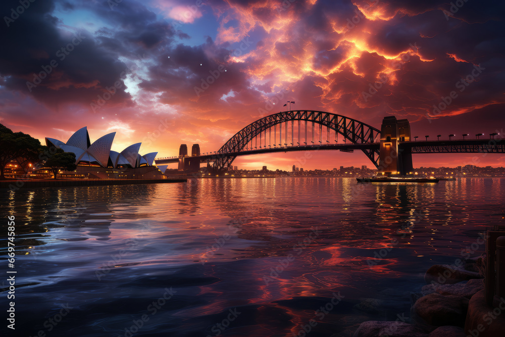Naklejka premium A stunning fireworks display over looking like Sydney Harbour, Australia, welcoming the New Year in a grand fashion. Generative Ai.