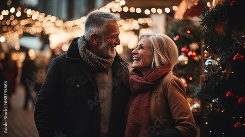 Join this heartwarming senior couple as they stand near the Christmas market. Experience the magic of photo-realistic landscapes in soft, romantic scenes, capturing the holiday spirit © Alex
