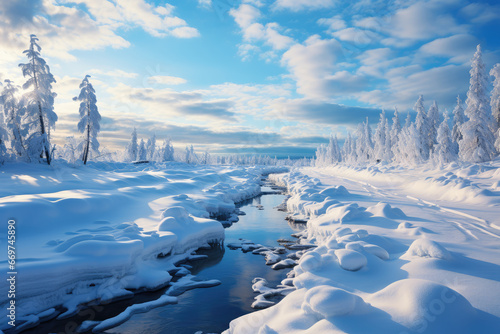 A snowy landscape in Lapland, Finland, home to Santa Claus, exemplifying the magical Christmas experiences offered in the region. Generative Ai. © Sebastian