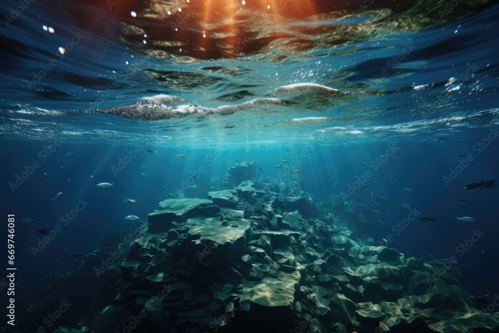 An iceberg floating in the ocean with only a fraction visible above the waterline, symbolizing the unseen consequences of melting ice on sea levels. Generative Ai. An iceberg floating in the ocean with only a fraction visible above the waterline, symbolizing the unseen consequences of melting ice on sea levels. Generative Ai.