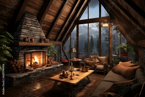 Cozy mountain cabin. Generative AI