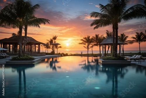 An exotic resort of palm trees, a swimming pool, a hotel with a terrace overlooking the sea and a salty sunset. Romance, recreation, travel, nature, southern landscapes. © BetterPhoto