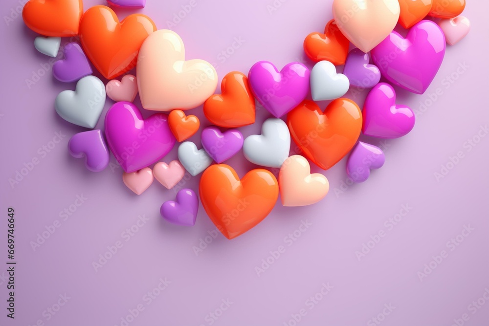Heart-shaped arrangement of multicolored balloons in purple, pink, and orange. 3D rendered with space for text. Generative AI