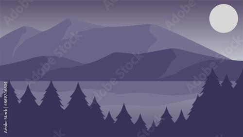 Mountain lake in the night landscape vector illustration. Mountain reflection on the lake. Mountain landscape for background, wallpaper, or landing page. Landscape panorama nature illustration