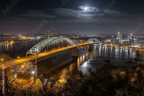 A city at night with a moon in the sky and a bridge in the foreground, with another moon in the distance. Generative AI