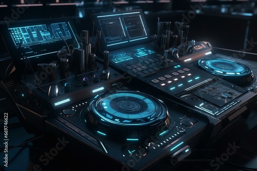 Futuristic DJ music mixer with a cyberpunk vibe. Generative AI