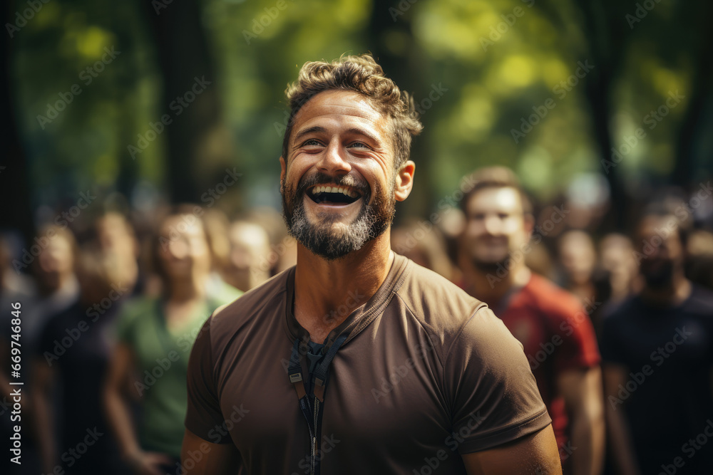 A fitness instructor leading a group in an outdoor exercise class, promoting the importance of physical activity for health. Generative Ai. A fitness instructor leading a group in an outdoor exercise class, promoting the importance of physical activity for health. Generative Ai.