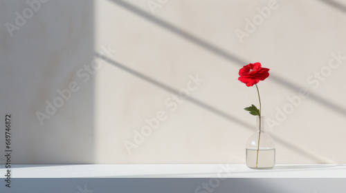 A white, textured wall, with a subtle pattern of lines and circles, and a single, red flower in a glass vase