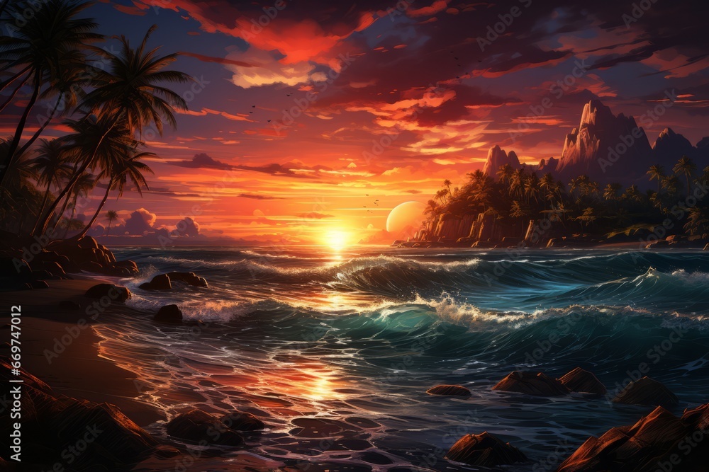 Beach Sunset Scenery Illustrations Ocean - obrazy, fototapety, plakaty 