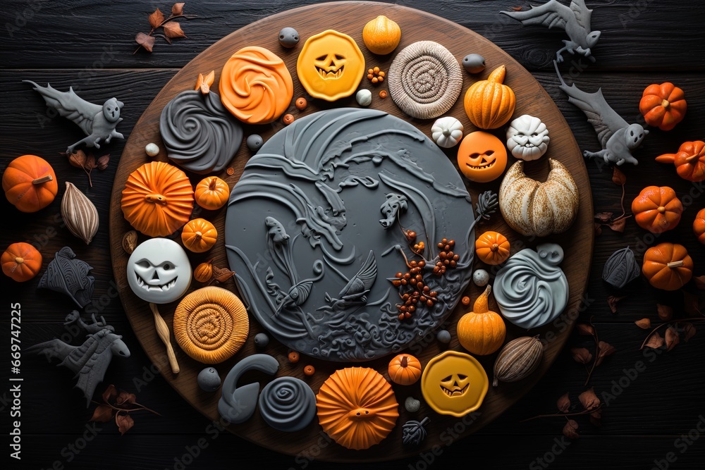 Delight in a playful array of cookies featuring cats, spiders, devils, ghosts, and candy. Creatively framed with a unique touch, these treats wear colorful costumes.