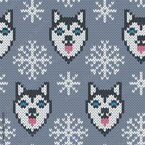 Dog husky face and snowflakes jacquard knitted seamless pattern. Winter background for wear knitting design.  Trendy 8 bit game style. Vector illustration.