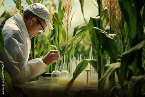 A researcher studying the conversion of agricultural residues into biofuels as part of sustainable farming initiatives. Generative Ai. photo