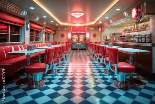A retro diner with neon signs and checkerboard floors, capturing the spirit of the 1950s. Generative Ai.