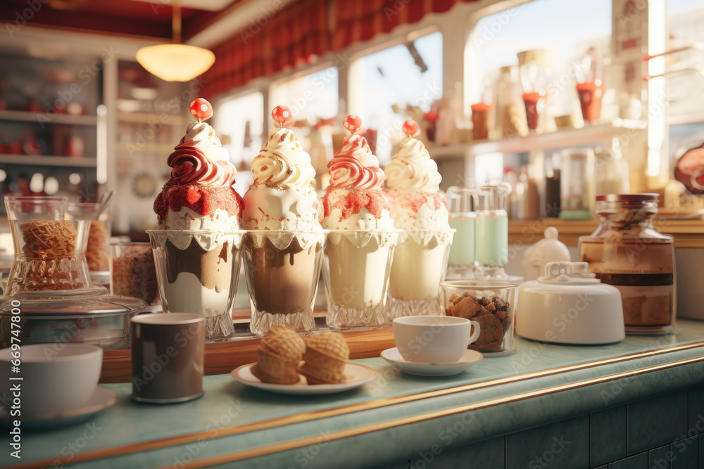 A nostalgic ice cream parlor, complete with old-fashioned scoops and ...