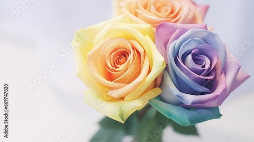 Bouquet of colorful roses  Rainbow roses  Happy Valentine Day  Anniversary  Wedding  Romantic  Copy space. Generative AI