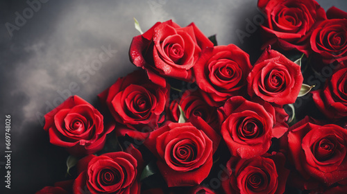 Closeup red roses on  gray background  Romantic  Valentine  Wedding  Anniversary. Generative AI