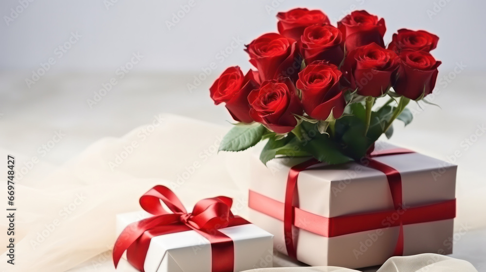 Bouquet of red roses with present box, Romantic Happy Valentine Day background, Anniversary, Wedding, Proposal. Copy space for text. Generative AI Bouquet of red roses with present box, Romantic Happy Valentine Day background, Anniversary, Wedding, Proposal. Copy space for text. Generative AI