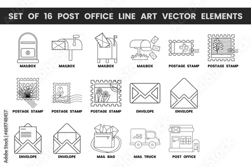 Set of 16 post office line art vector elements. Vector illustrations with post office theme and line art vector style. Editable vector.