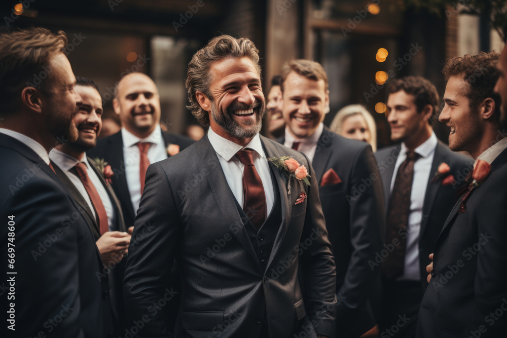 A gay groom being congratulated by his best man and friends before the ceremony. Generative Ai. A gay groom being congratulated by his best man and friends before the ceremony. Generative Ai.