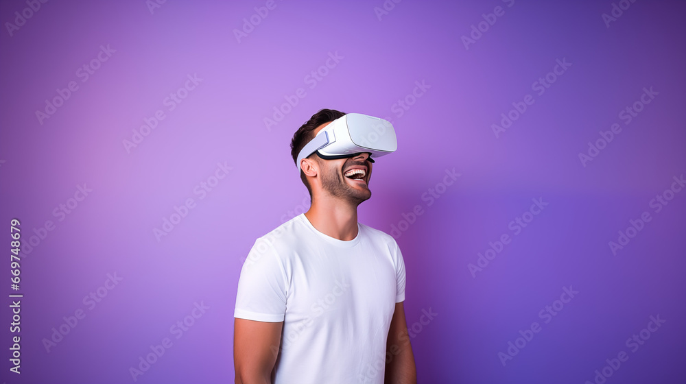 Happy man wearing VR AR Goggles headset, generative AI