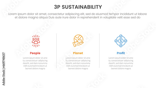 3p sustainability triple bottom line infographic 3 point stage template with line separation table with clean data for slide presentation