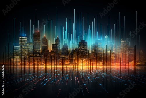Cityscape with financial data graphs. Generative AI