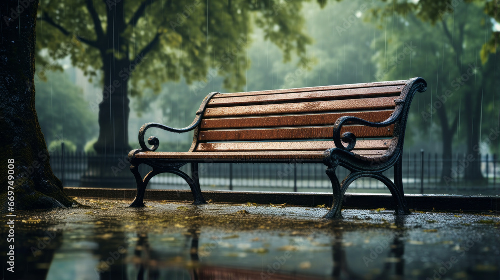A wet park bench surrounded by rain, with no one in sight A wet park bench surrounded by rain, with no one in sight