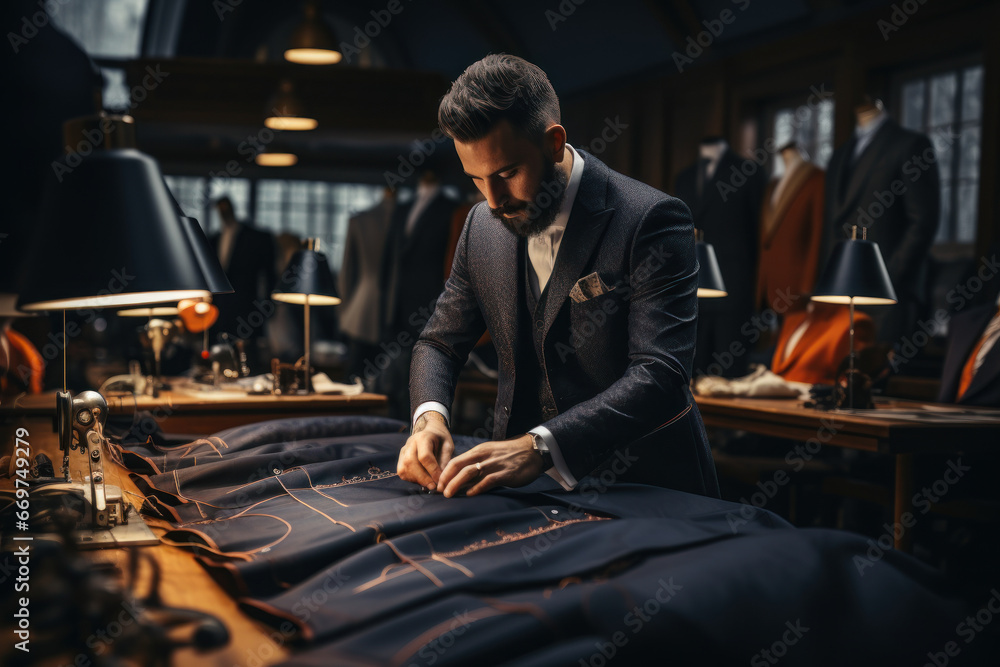 A tailor meticulously crafting a bespoke suit, showcasing craftsmanship and attention to detail. Generative Ai. A tailor meticulously crafting a bespoke suit, showcasing craftsmanship and attention to detail. Generative Ai.