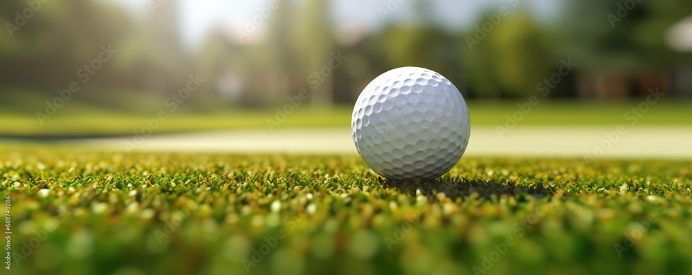 Close up golf ball on a green grass soft focus at sunlight, sporty banner background, copy space, golf club concept Close up golf ball on a green grass soft focus at sunlight, sporty banner background, copy space, golf club concept