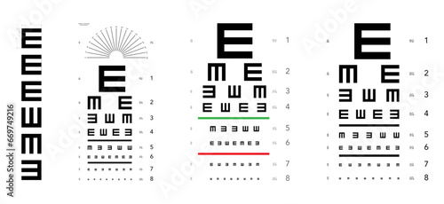 Set of E chart Eye Test Chart tumbling medical illustration. Line vector sketch style outline isolated on white background. Vision board optometrist ophthalmic for examination Checking optical glasses